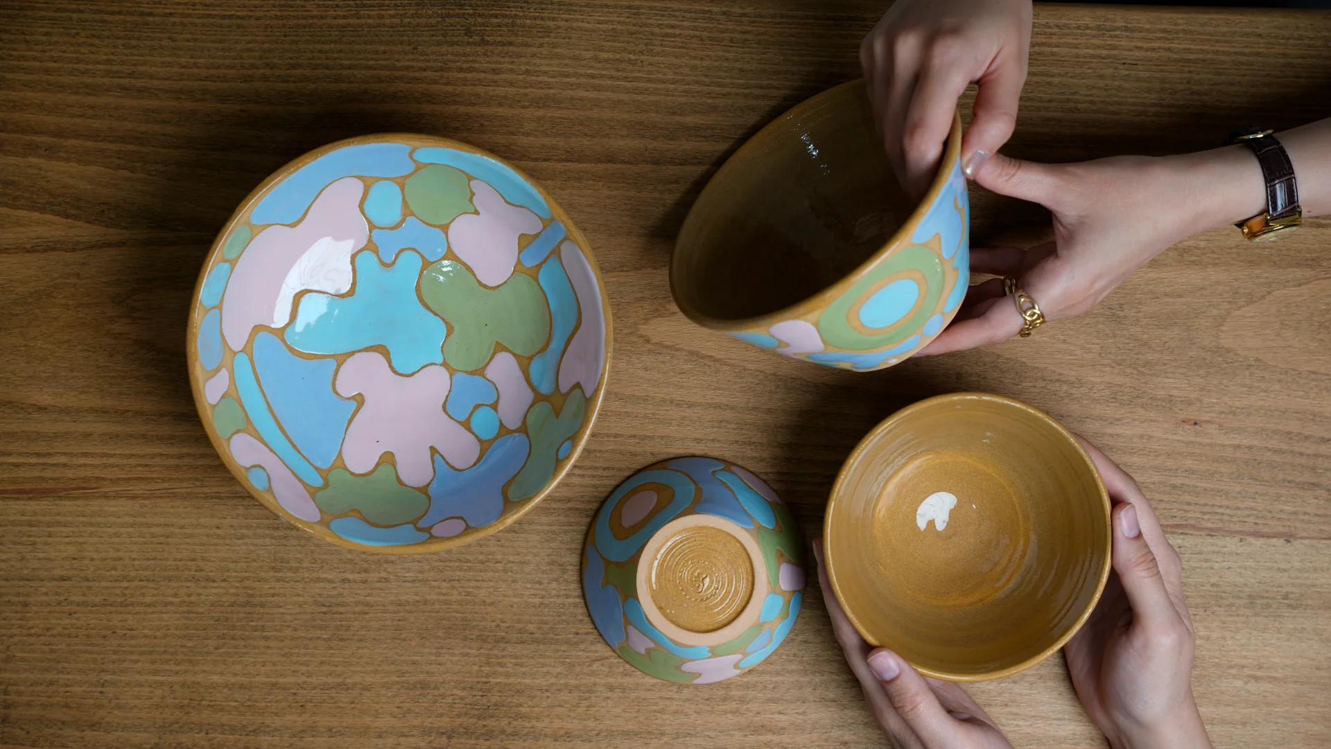 Hand-painted Manpottery pieces in the studio